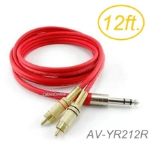 12ft Flexible 1/4" TRS Stereo Male to 2-RCA (Left/Right) Male Red Audio Cable