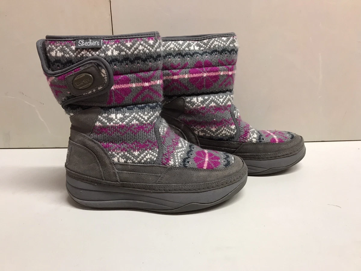 Women s Skechers Tone Ups Sweater Knit Suede Winter Boots size 6 Gray purple