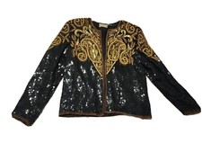 Vintage Rina Z Beaded Sequin Trophy Jacket Top 100% Silk Black Gold Pearls Med