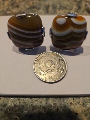 Large Vintage Bonswana Agate Cuff Links   Silver Tone  Good Condition Pre-owned