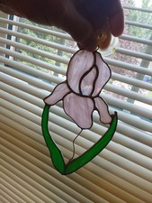 Handmade Stained Glass Purple-Cream Iris Window Suncatcher 8.5" X 4.5" GC
