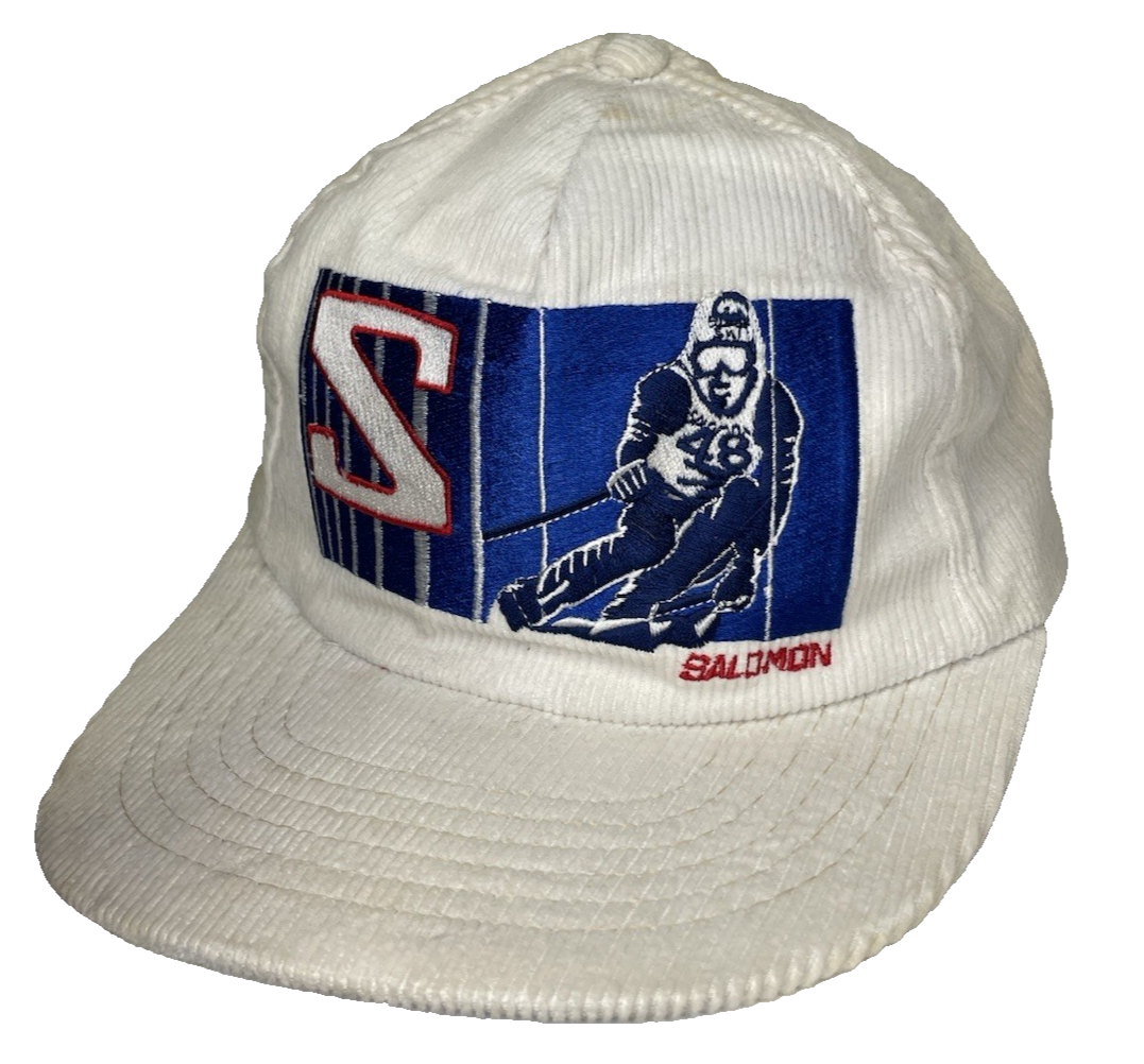 Vintage Salomon 90s Corduroy White Skiing Snap Back Cap Hat Rare
