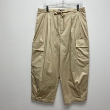 Zara Womens Beige High Rise Utility Drawstring Wide Leg Cropped Cargo Pants L