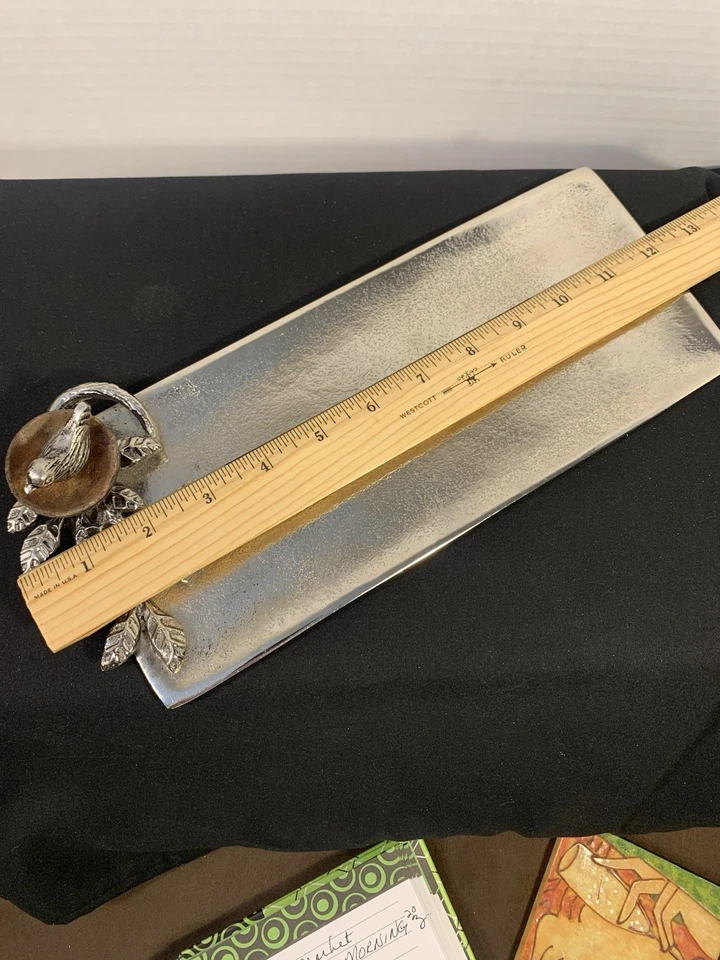 Mud Pie Silver Metal 12 Inch Bird In Nest With Leaves Textured Tray - Image 3 of 4