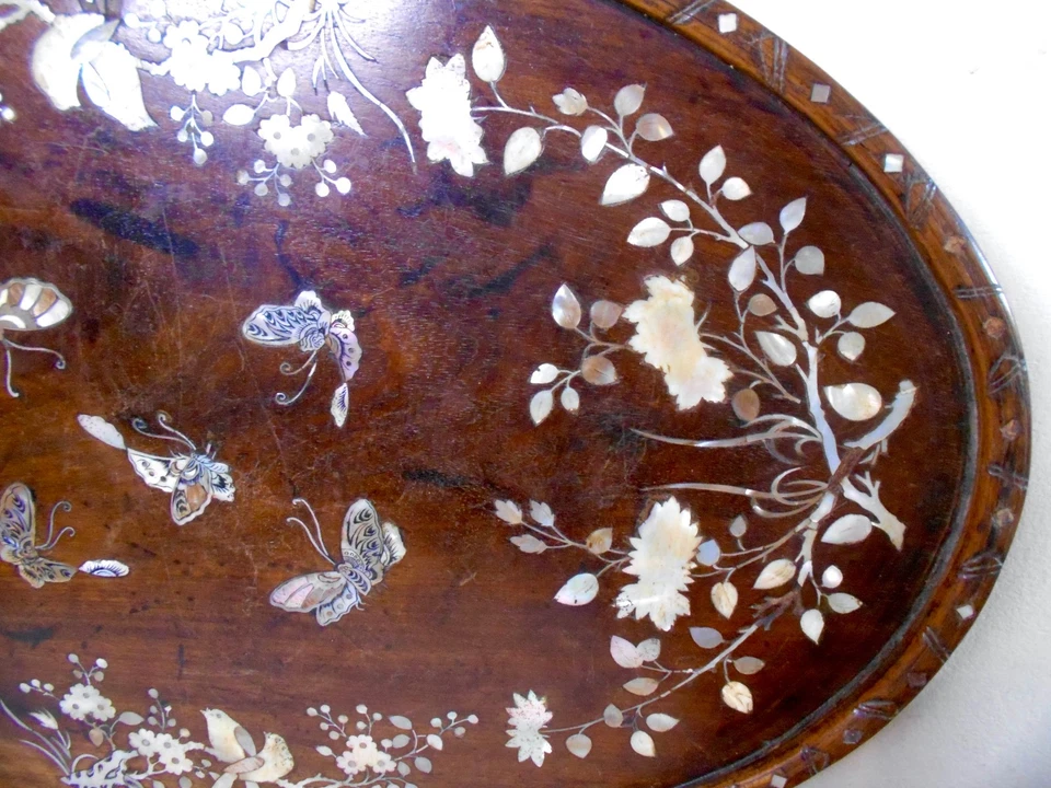Ancien grand plateau en bois et marqueterie de nacre Vietnam Chine Asie - Photo 4/4
