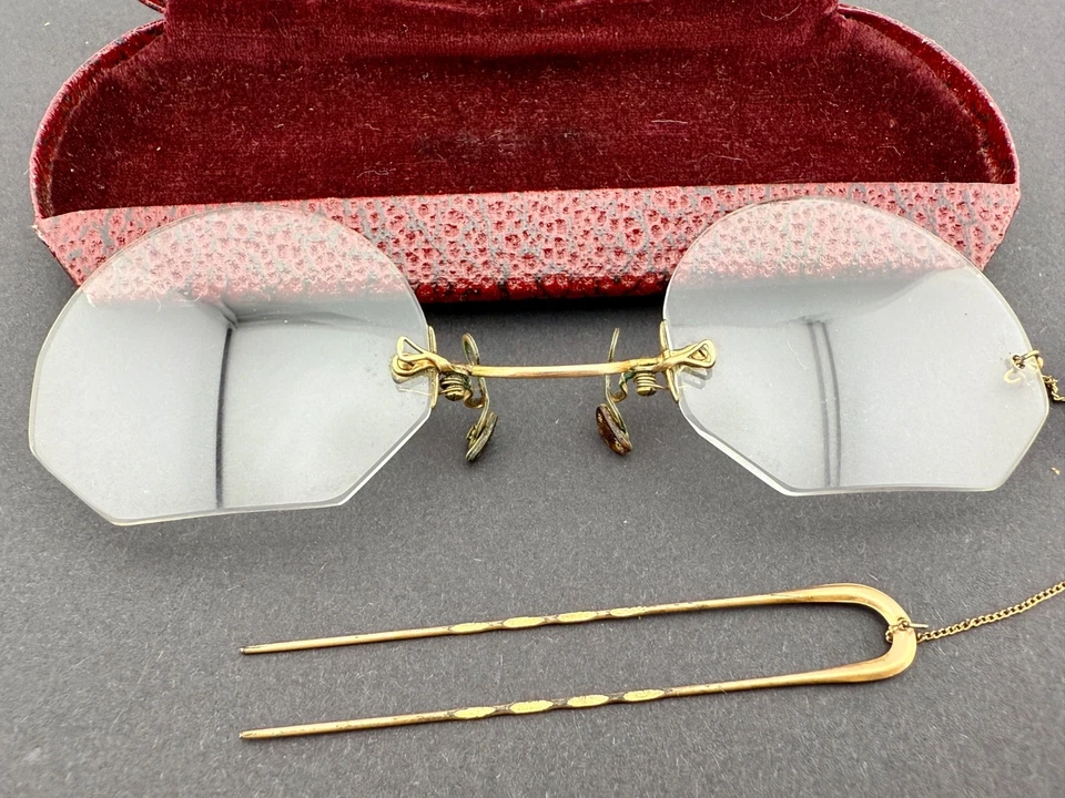 Gafas antiguas sin montura Pince Nez rellenas de oro de 10-12K con cadena y estuche increíble Foto 3 de 4