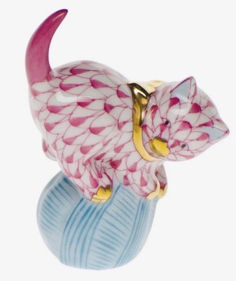 Herend Figurines PINK Mischievous Cat    HEREND, MISCHIEVOUS CAT, Stamped