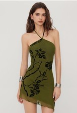 NWT CIDER Mesh Halter Neckline Floral Graphic Knotted Asymmetrical Hem Mini Dres