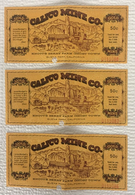 Vintage Knotts Berry Farm Ghost Town Calico Mine Co 50 cent Ticket Lot of 3