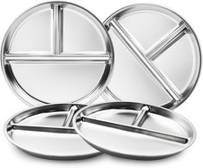 Stainless Steel Kids Plates Set of 4, 9" Portion Control Plates Divided Plate...