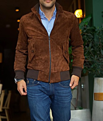 Bomber Jacket Men Lambskin Suede Brown Genuine Leather Motorcycle Biker Jacket
