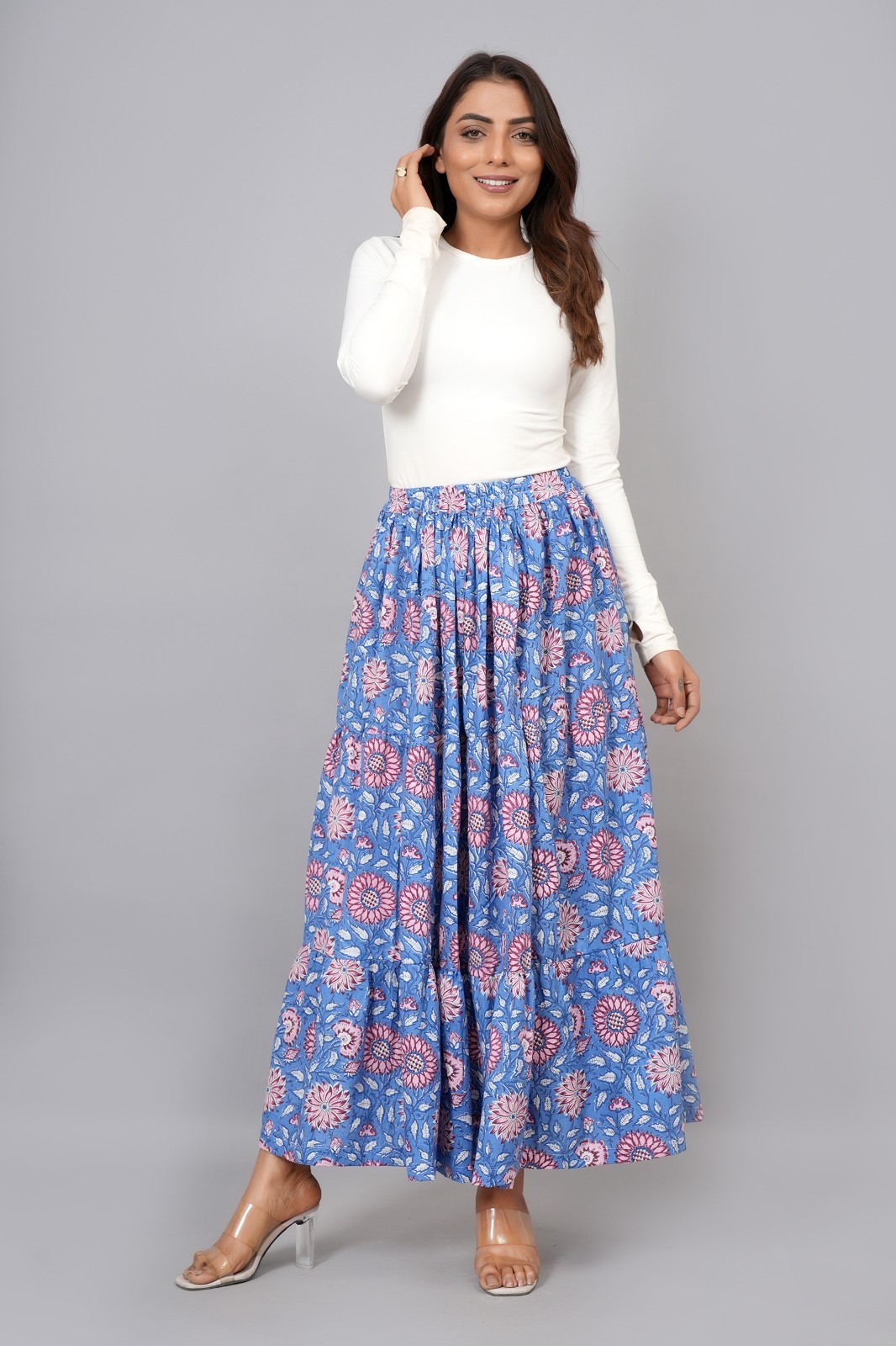 Women’s Blue Cotton Floral Maxi Skirt Boho Beach Gypsy Long Skirt With Elastic