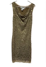Max Studio Dress Women L Gold Sequin Sleeveless Formal Gown Cowl Neck