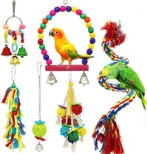 Small Bird Swing Toys, 6 PCS Parrots Chewing Natural Wood and Rope Bungee Bird