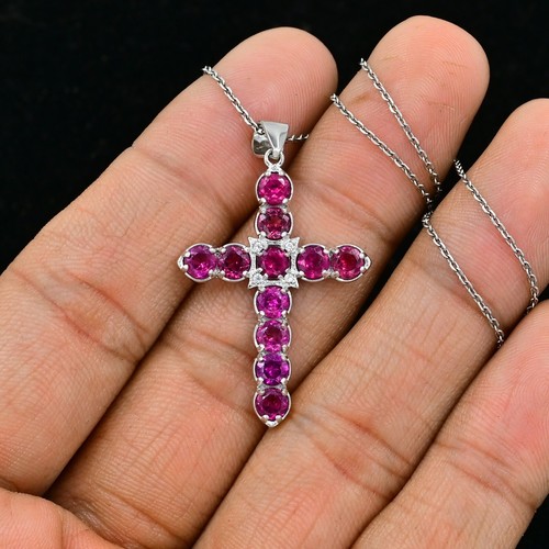 Natural Rhodolite Garnet Holy Cross Pendant 925 Solid Silver January Birthstone - Picture 2 of 4