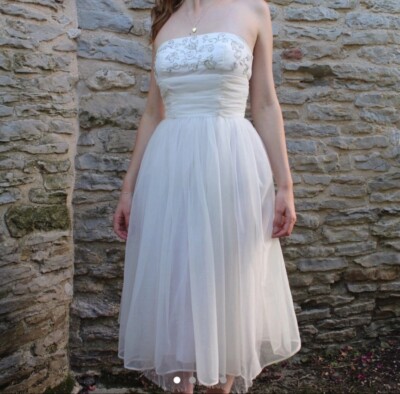 Chiffon Braut Midikleid Vintage weiß Hochzeit Perlen Brautjungfer Blanes S6/8