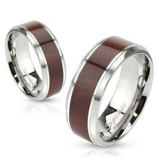6mm Darker Wood Pattern Center Stainless Steel Beveled Edge Women's Band Ring