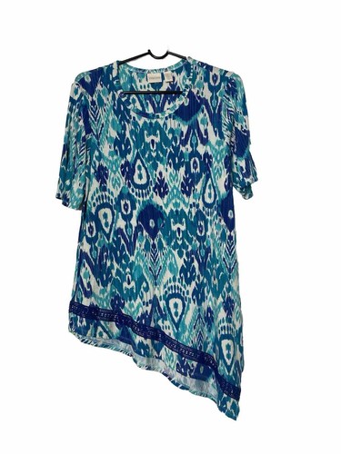 Chico's Pullover Top Blouse Blue Short Sleeves Asymmetric Embroidered hem Size 1