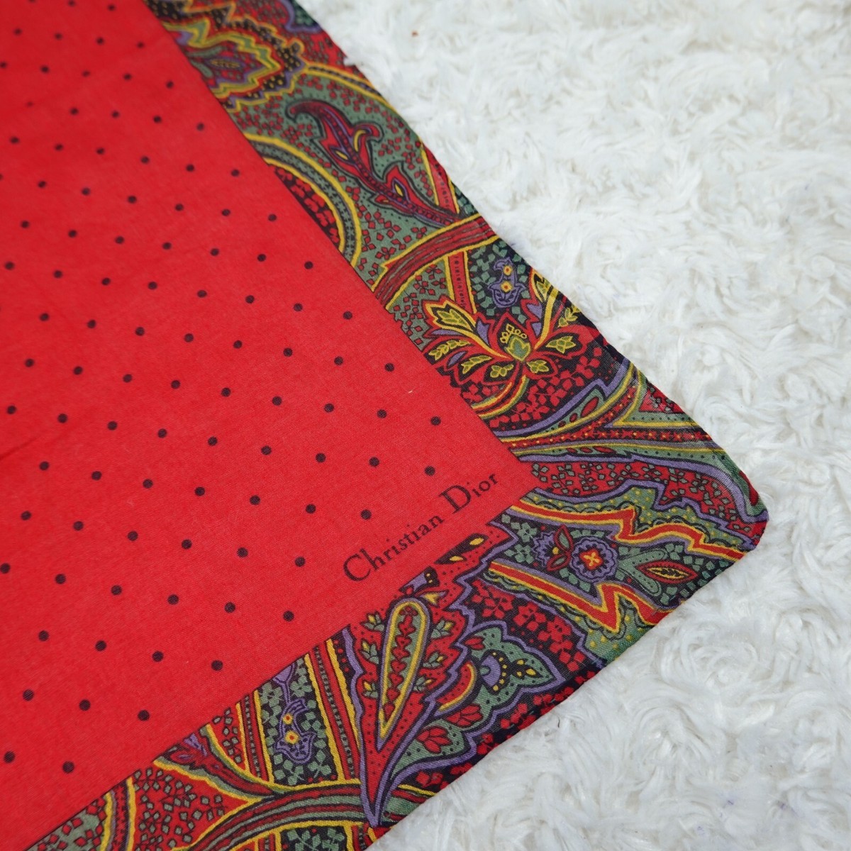 CHRISTIAN DIOR Red Paisley Cotton Scarf Scarves Pocket Square 17