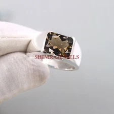 Natural Smoky Quartz Gemstone With 14K White Gold Plated Silver Men's Ring #107