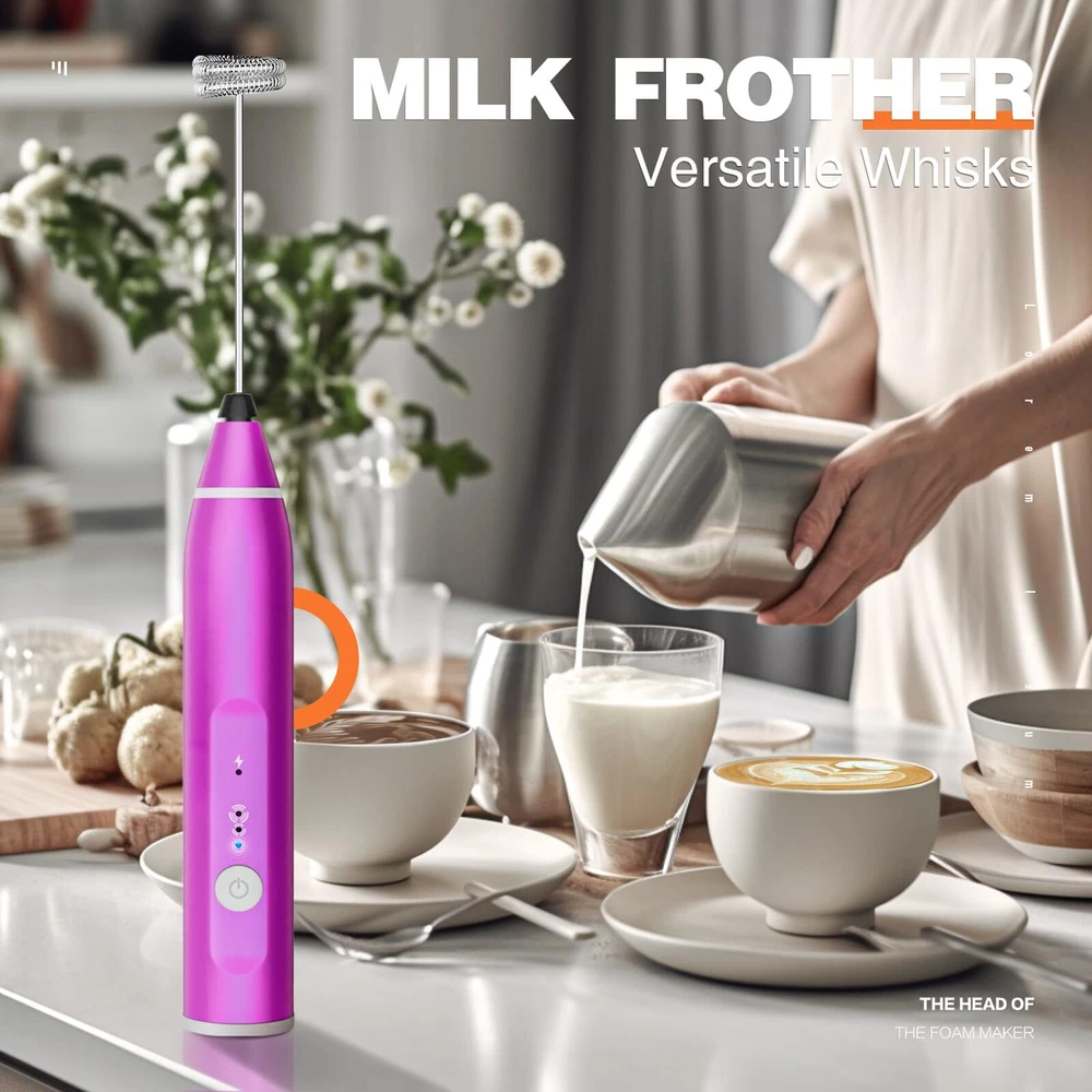 Milk Frother Rechargeable Handheld Electric Whisk Coffee Frother Mixer with 3...