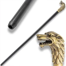 Brass Head Wolf Cane, 37 1/2" Elegant Walking Stick, Sculpted Brass Wolf Handle