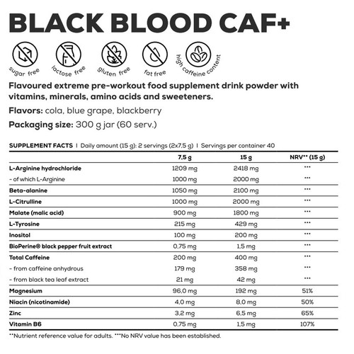 Biotech Usa Black Blood Caf+ 300g - Extreme Pre-workout Drink, Powder Energy