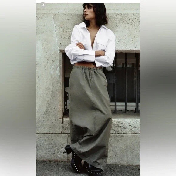 Zara Cargo Skirt Rip Stop Elastic Waist- Gray Maxi Skirt