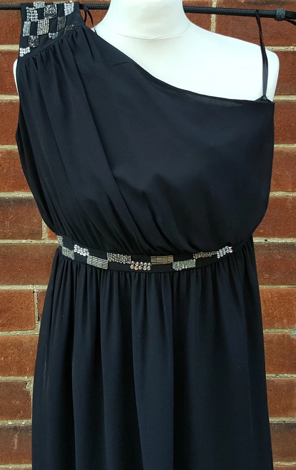 Debenhams Julian Macdonald Diamante Asimétrico Negro Vestido Largo Verano GB 8 - Imagen 3 de 4