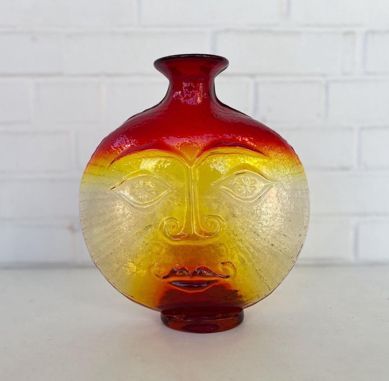 Excellent Husted Vintage Blenko Tangerine Amberina Sun Face Decanter