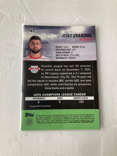 2021-22 Topps Stadium Club Chrome UEFA Josko Gvardiol Rookie RC #67 - Picture 2 of 4
