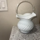 Vintage HOBNAIL MILK GLASS VASE FLUTED TOP W/CLEAR TWISTED GLASS HANDLE FENTON