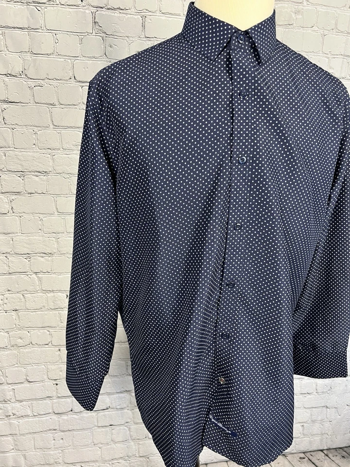 Camisa de vestir inglesa de lavandería para hombre L 16 1/2 34/35 azul, lunares blancos, poliéster Foto 4 de 4