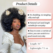 Kinky Curly Afro Wig with Bangs 70S Afro Wigs for Black Women Glueless Wear a...