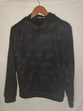 Adidas Black Hoodie Pullover All Over Logo Print Fleece Youth Size S Small