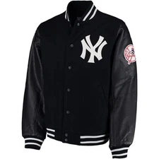 NY Yank-ees Black Wool and Leather Sleeves Varsity Bomber Jacket For Men