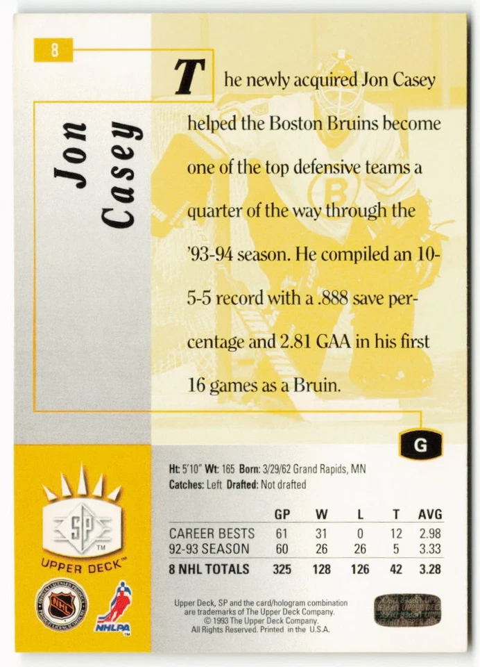 1993-94 Jon Casey Upper Deck SP - Boston Bruins - Image 2 of 2