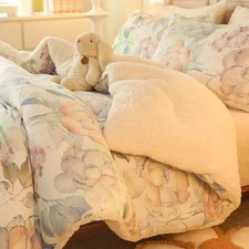 Floral Print Sherpa Comforter Set 3Pcs Warm Fluffy Queen Queen 90"x90" Grey