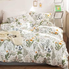 Floral Duvet Cover Queen Size - Blue Green Yellow White Flower Leaf Botanical...