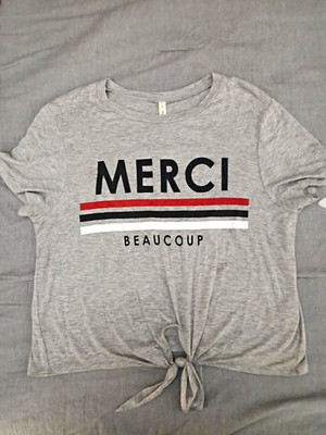  Women's Gray Merci Beaucoup Graphic Tie Front T-Shirt Sz S Balletcore Paris 