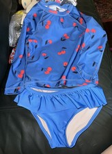 Tea Collection Girl's Long Sleeve Blue Cherry Print Swim Rash Guard Top 3  Bott