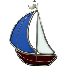 Vintage 70's Leaded Stained Glass Sailboat Suncatcher Handmade Red White Blue 6"