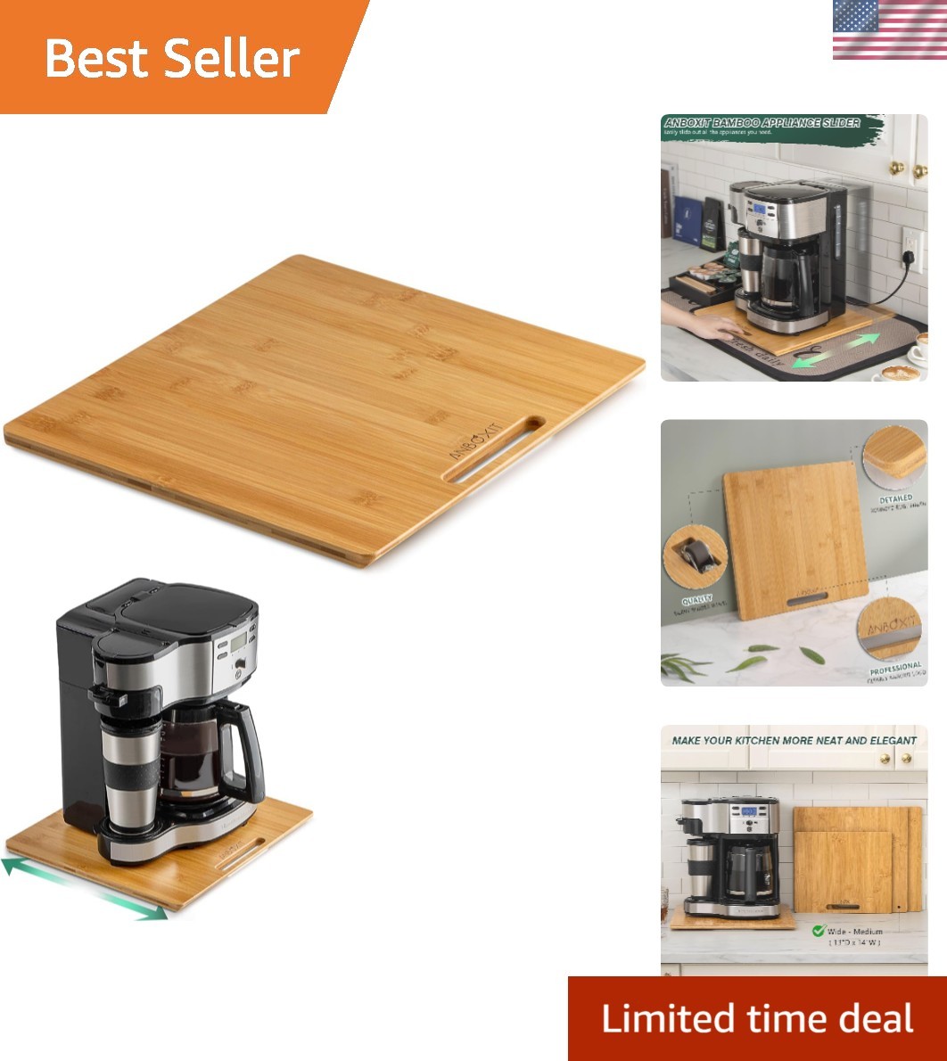 Bamboo Appliance Slider, Sliding Tray for Coffee Maker, Kitchen Countertop Ap...