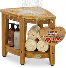 Corner Teak Shower Bench with Shelf   16  x 18" Height- Teak Shower Stool with