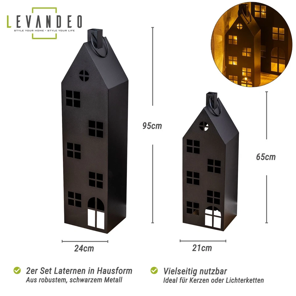 Set 2 lanterne casa H65-95 cm metallo nero ruggine decorazione luce vento stile industriale - Immagine 2 di 4