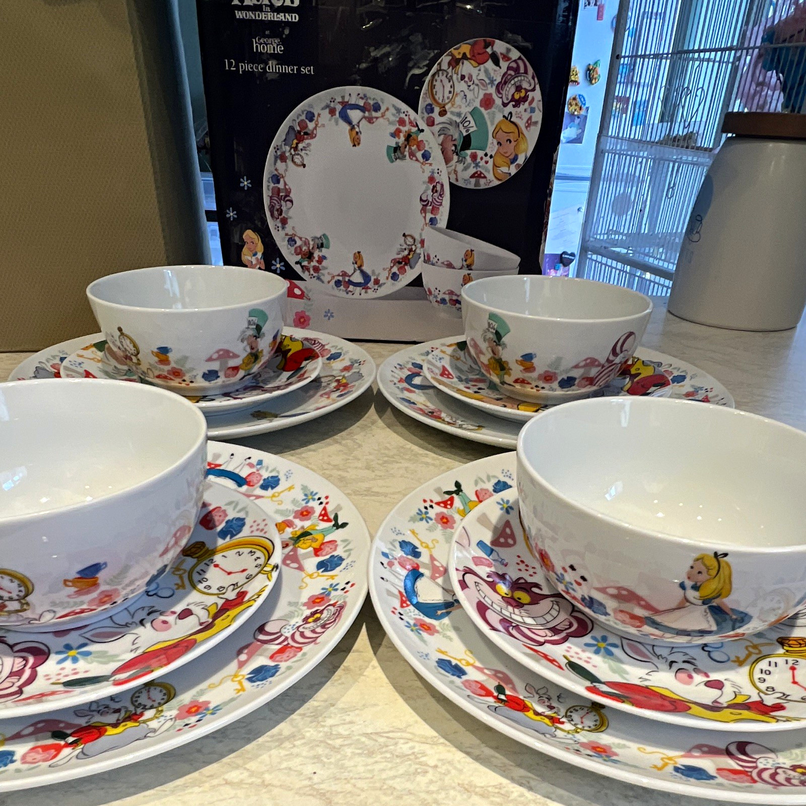 Disney Alice in Wonderland 12pc Porcelain Dinner Set 4 Place Microwave Safe