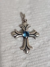 James Avery RETIRED Sterling Silver & Blue Topaz Fleuree Cross Pendant *NICE*