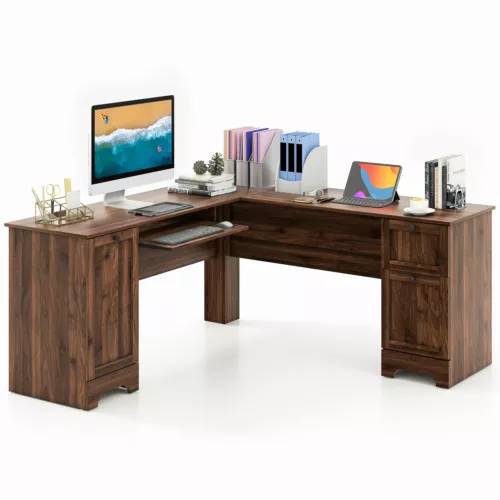 66.5" L Shaped Home Office Desk Corner Computer Desk Drawer Keyboard Tray Walnut