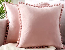 Pair 26 x 26  BABY PINK VELVET POM POM PILLOW COVERS #A33