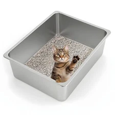 Kirecoo Stainless Steel Cat Litter Box XL- Metal High Sided Cat Pan Large Sta...